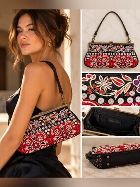 Isabella Fiore Vintage Y2K Beaded Floral Clutch Shoulder Bag